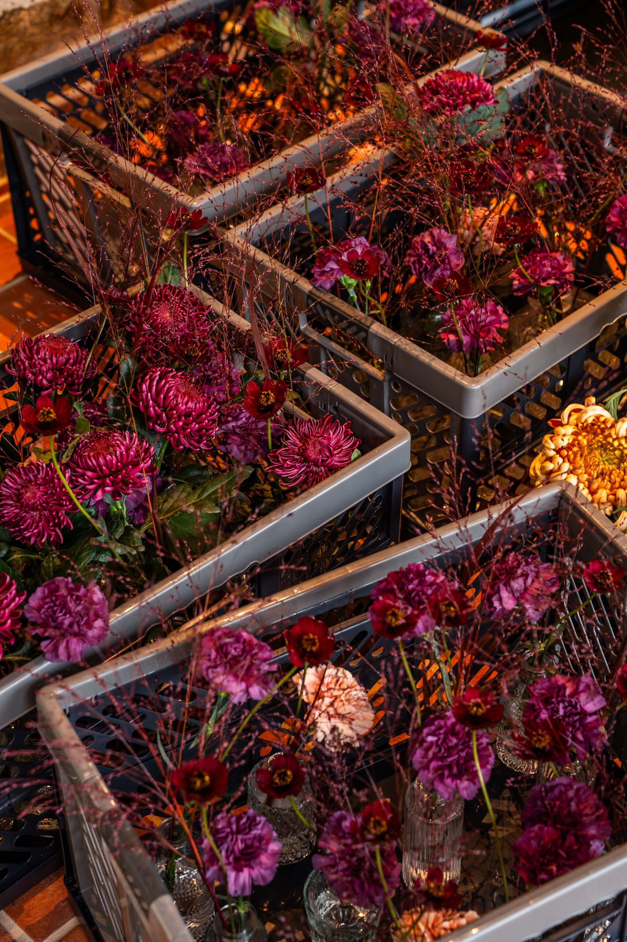 Fleurs de saison préparées en bacs pour un événement