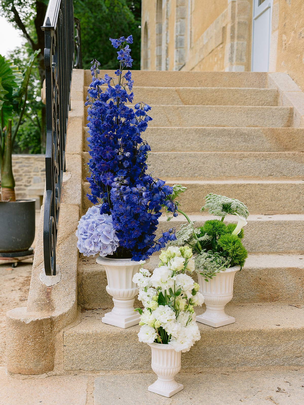 Compositions florales bleu delphinium hortensia et blanc dans des vasques en pierre sur un escalier exterieur - Bouquetier Paris 17